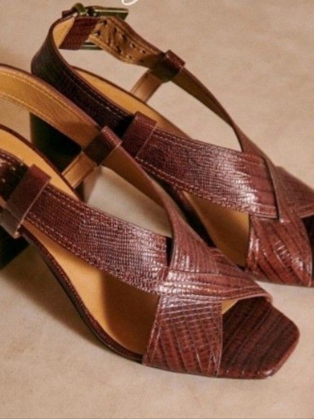 Sézane | Sacha Burgundy Croc-Embossed Leather Block Heel Sandals - Picture 5 of 15